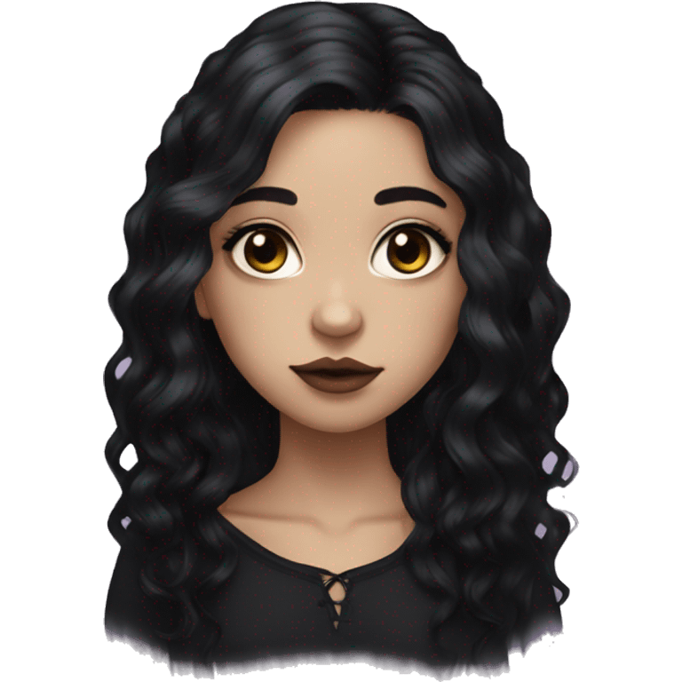 goth girl with long wavy black hair, almond shaped hazel eyes light skin with blush  emoji