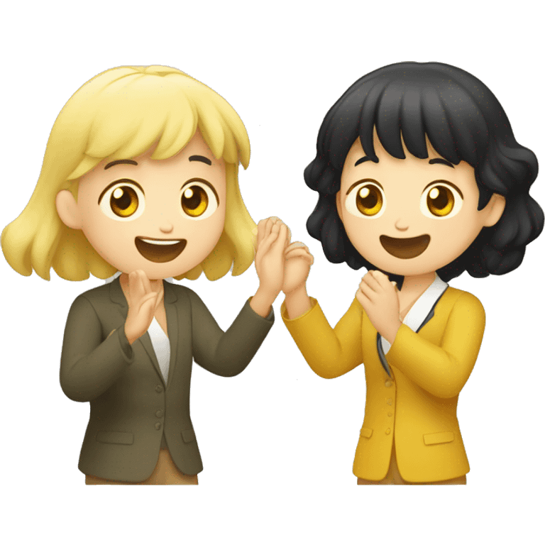 A yellow-haired foreigner and a black-haired Korean clap their hands laughing while speaking in English emoji