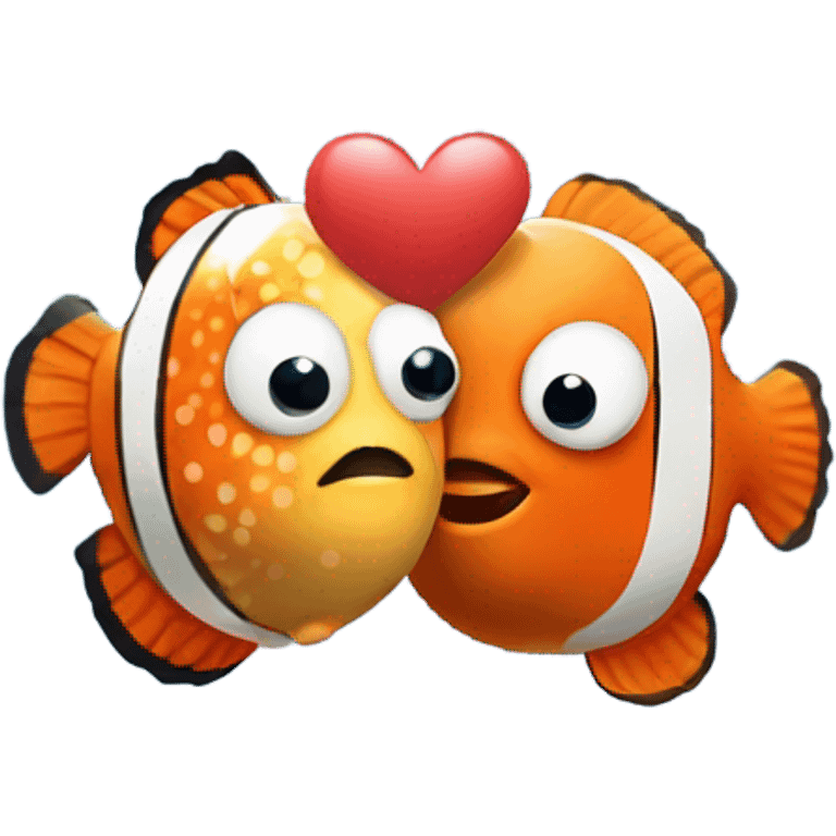 Cute Pufferfish and clownfish are kissing with little red hearts above their head  emoji