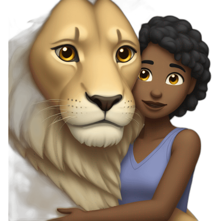 White skin black short hair girl hugged by big lion emoji