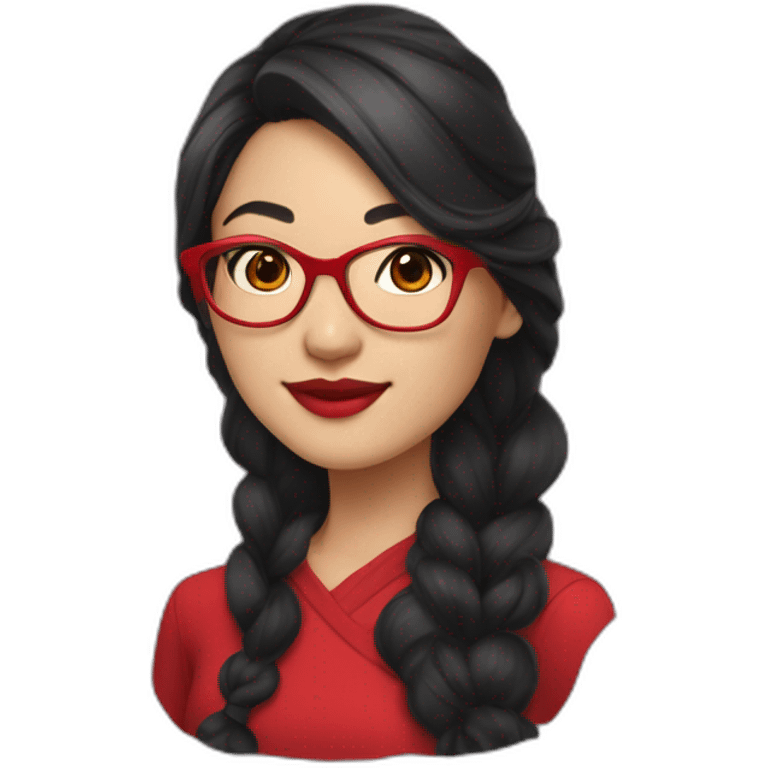 Young woman asiatic teacher, black hairs, red glasses, red lipstick, red dress, black eyes emoji