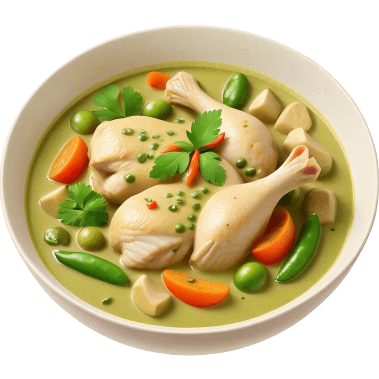 Cinematic Realistic Green Chicken Curry Dish Emoji, depicted with tender chicken simmered in a fragrant green curry sauce with vegetables rendered with rich textures and dynamic, vibrant lighting. emoji