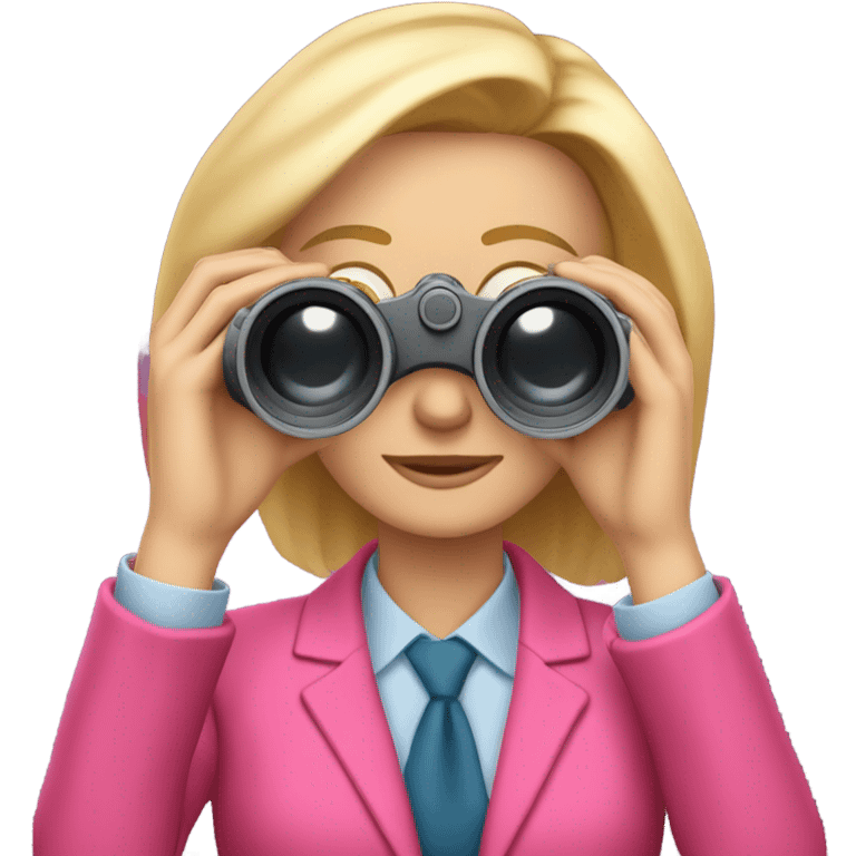 white female employee with loose blonde hair wearing intensive color pink suit looking in binoculars emoji