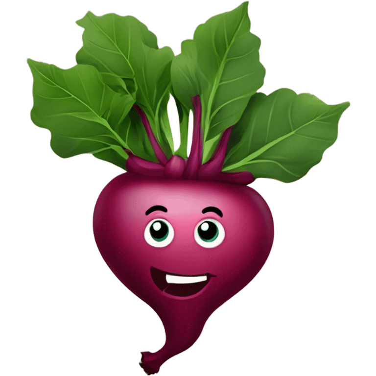 miling beetroot with big expressive eyes, rosy cheeks, and a green leaf on top. Simple and bright design with a cheerful and cartoonish style. emoji