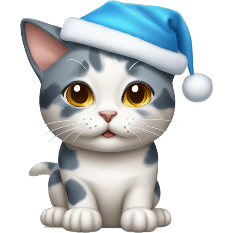 dilute calico cat with a blue x mas hat emoji