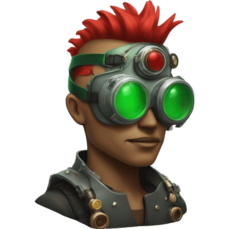 Male cyborg with thin red Mohawk and green steampunk goggles emoji