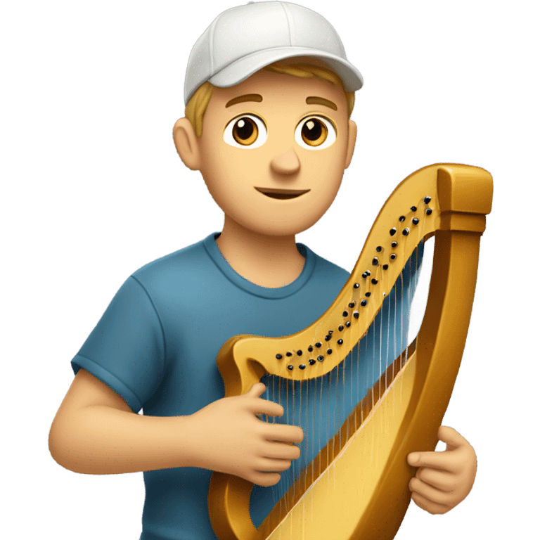 Young white guy casual with ball cap playing a big harp that looks similar to a banjo  emoji