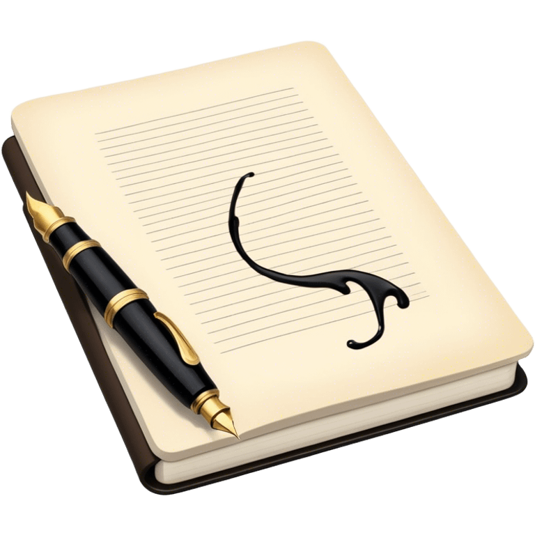 Create a vibrant emoji representing prose writing. The design should feature a classic fountain pen or quill in black, with black ink flowing from it onto an open notebook or paper. The ink should have a smooth, flowing effect to evoke creativity and storytelling. Use warm, earthy tones like brown, gold, and cream for the background elements. The emoji should convey literary elegance and artistic expression. Make the background transparent. emoji