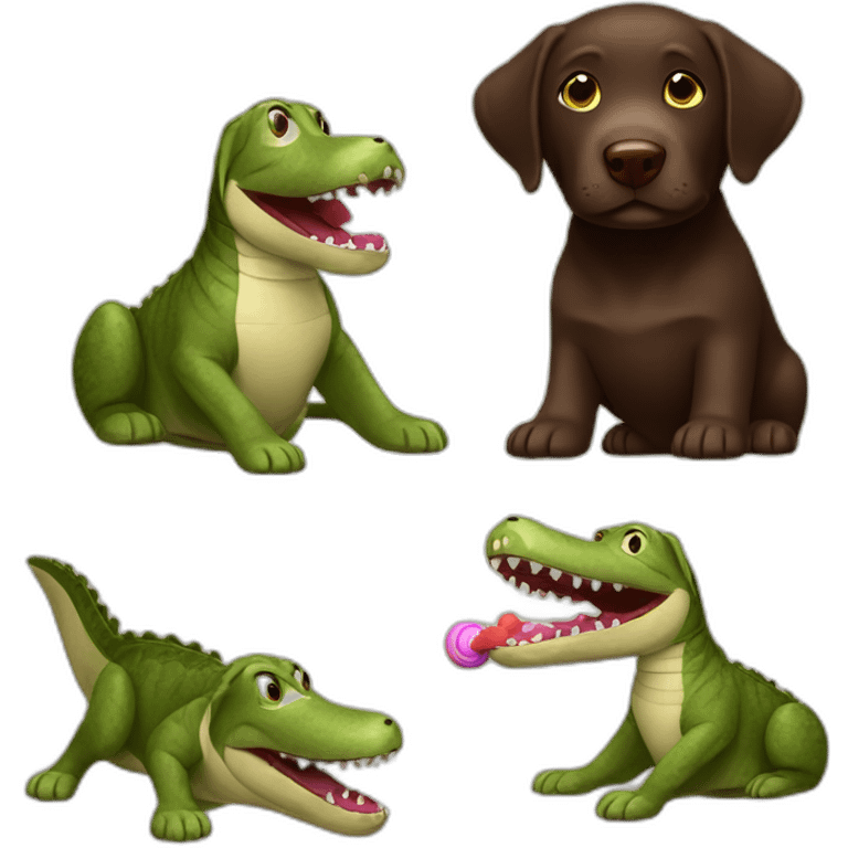 Chocolate labrador playing with toy crocodile emoji