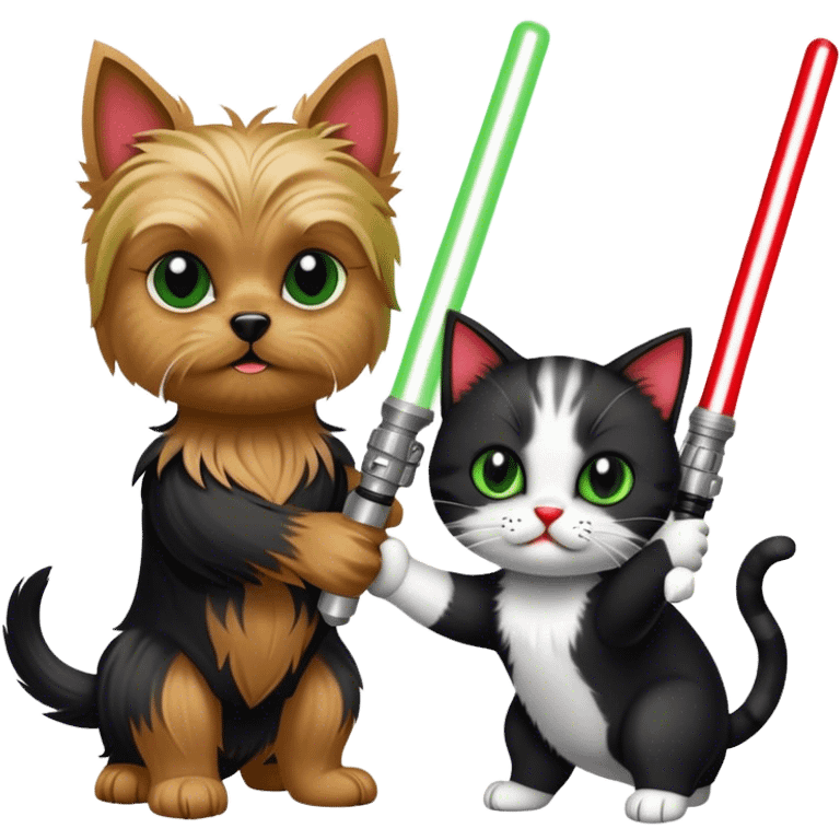 yorkshire terrier holding a green lightsaber and fighting with a black and white cat holding a red lightsaber emoji