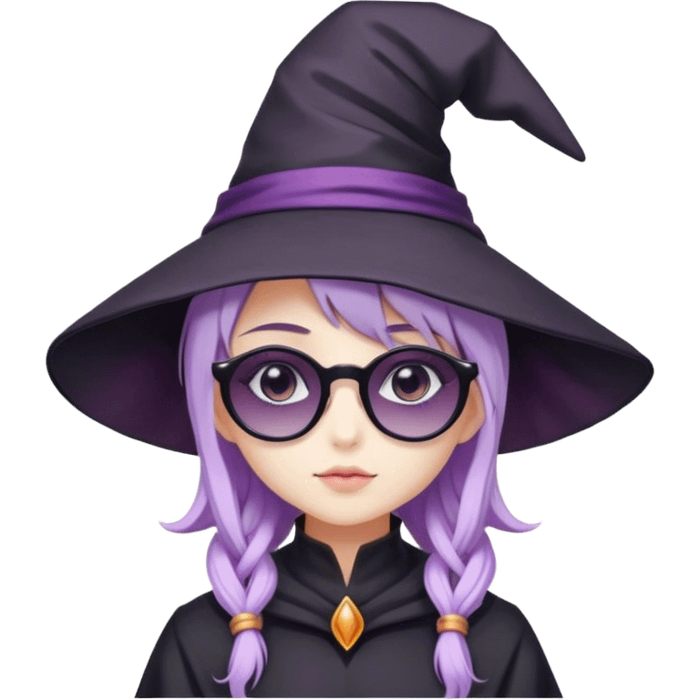 cute anime girl with lilac hair in a witch hat in black sunglasses emoji