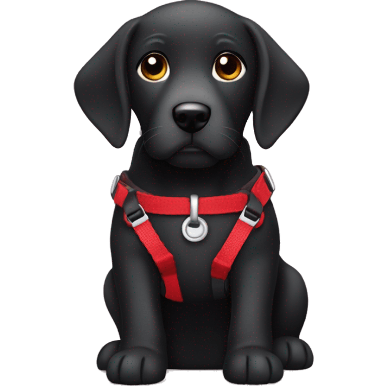 Black lab with puppy face wearing a red harness emoji