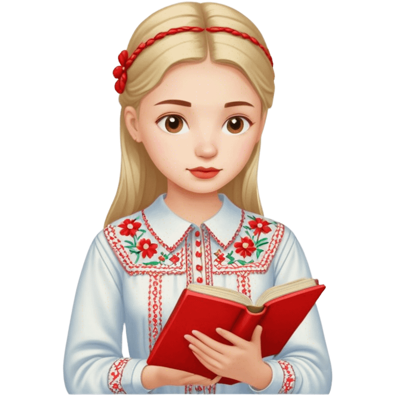 A Ukrainian girl in an embroidered shirt reads a red book emoji