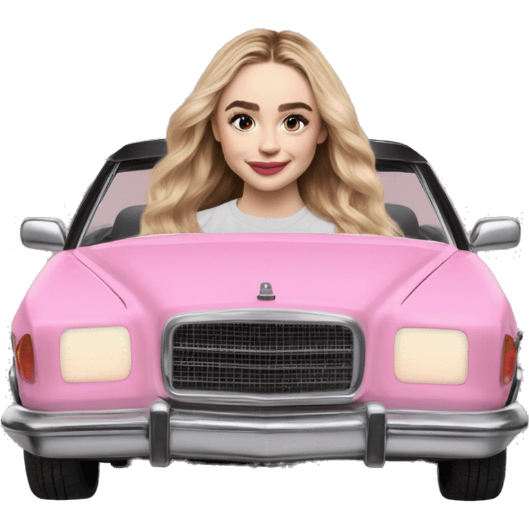 Sabrina Carpenter en un carro rosa emoji