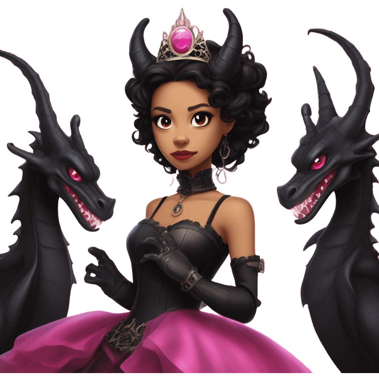 standing flirty Lavish black evening gown with see-through gloves, Jenna Ortega as Addams woman wearing a steampunk mini tiara, very large blood pink evil-looking horned old dragon emoji