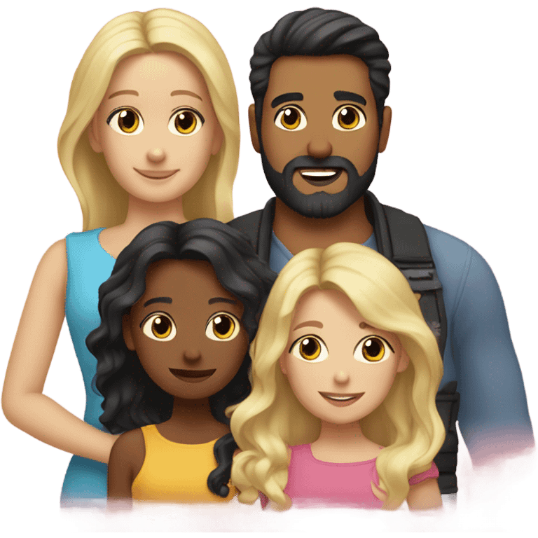 man with black hair and beard with three young daughters with blonde hair emoji