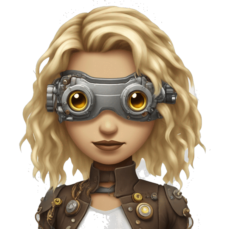 Brown long hair with blonde steaks female cyborg head, fair skin, steampunk goggles and circuits emoji