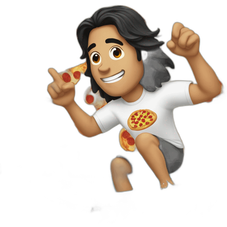 guy with long black hair in short and t-shirt surfing a pizza wave emoji