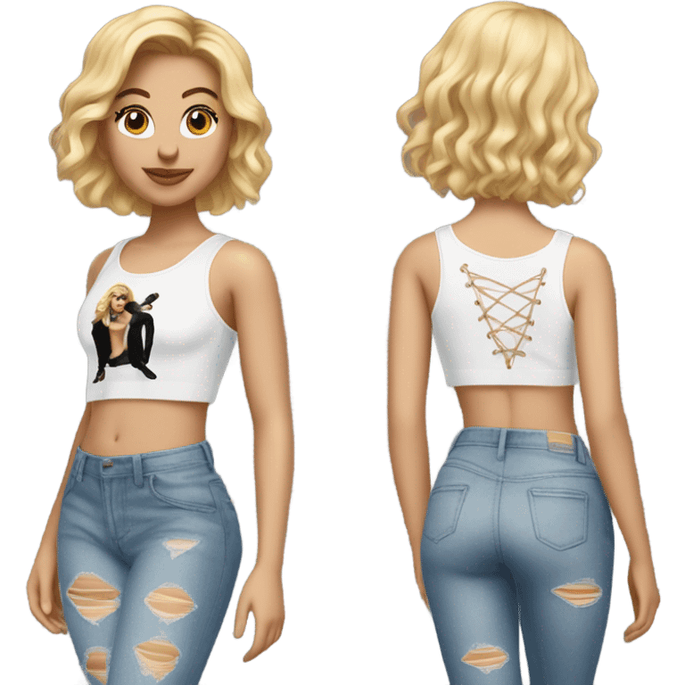 A blonde girl with short hair wearing a Shakira lace up croc top and short jeans and high heels  emoji