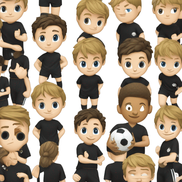 white boy in black soccer uniform and white horizontal strips and black shorts with g kicking a soccer ball emoji