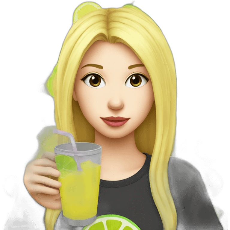 blonde girl straw drinking pink lemonade with one green lemon in the cup, with black watch black tshirt emoji