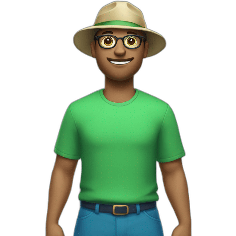 make a guy with cyan hat and green shirt and blue pants that is point to a sign that has "far club" and he has glasses emoji