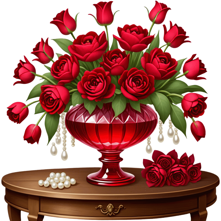 "A romantic still life of a crystal-clear red glass vase brimming with a lavish mix of scarlet roses, tulips, peonies, and silk-like pansies, with pearl-hued ribbons cascading gracefully over a vintage wooden table."
 emoji