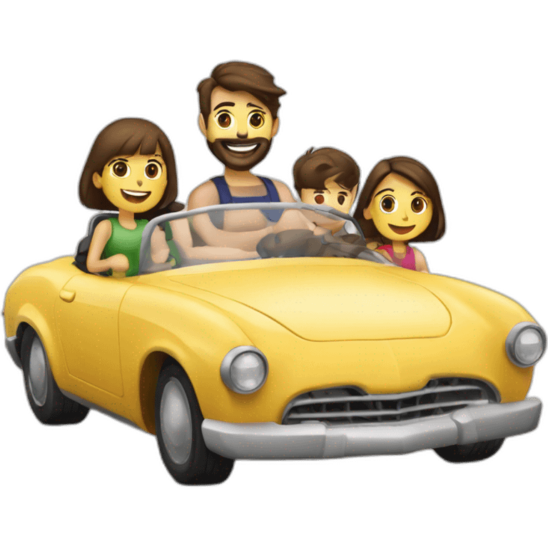 Brunette-bearded man-and-brunette-girl along with 2 boys -roadster-car made of food -driving emoji