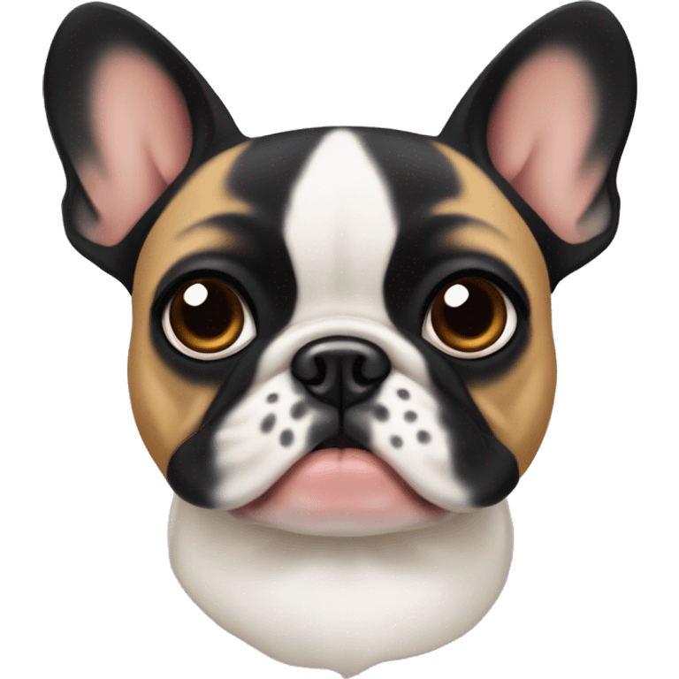 A small, black-and-tan French bulldog with a mostly black face and tan paws, tilting its head slightly with wide, puzzled eyes and a slightly furrowed brow, perhaps with a small question mark near its head emoji