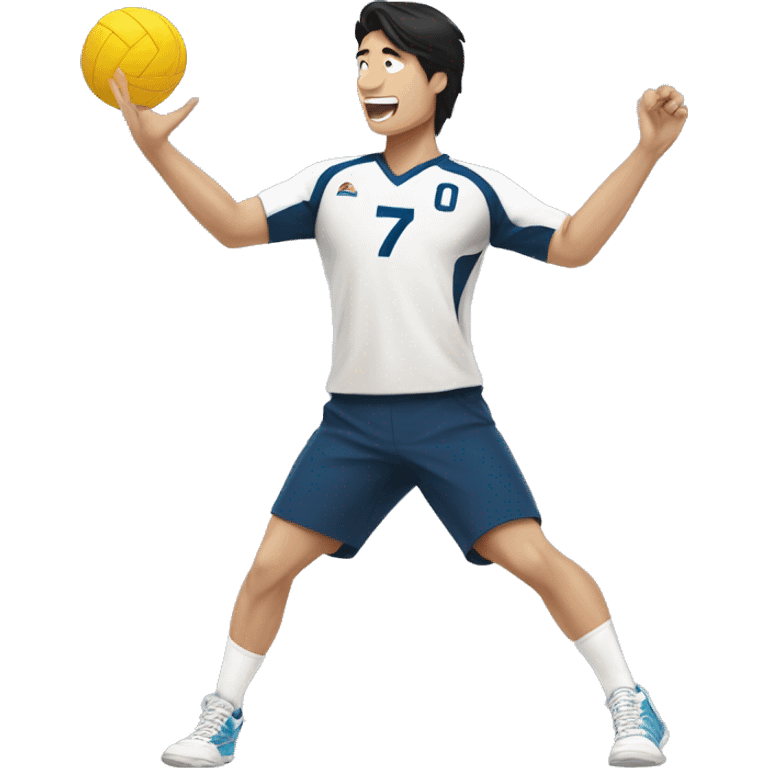 Volleyball spike  an Asian male wearing a uniform with the number 7 emoji