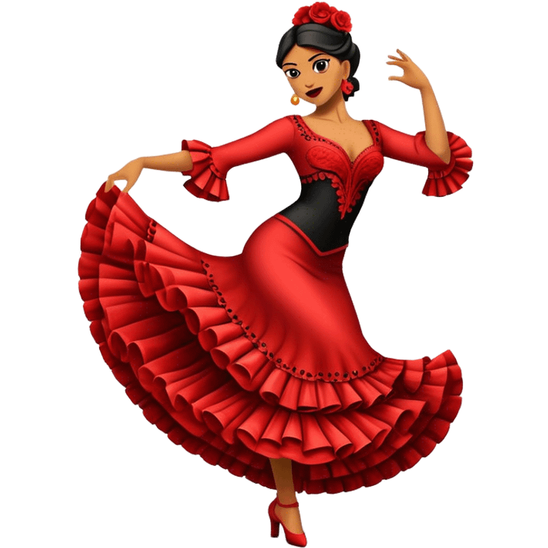 Cinematic Realistic Flamenco Dance Emoji, depicted as a passionate expressive flamenco performance with dramatic costumes and dynamic fiery movements, rendered with vibrant textures and bold energetic lighting that captures its intense rhythm. emoji