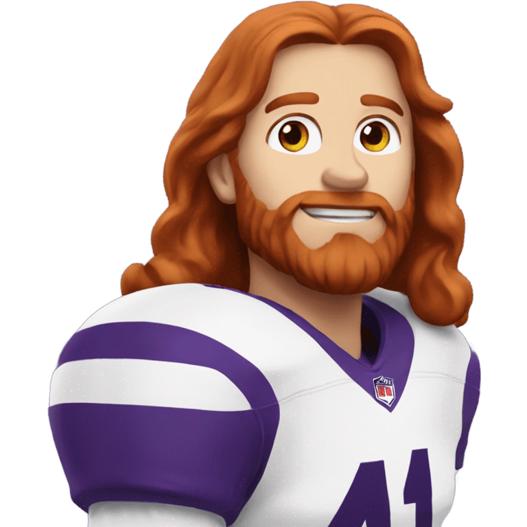 Redhead jesus playing American football wearing purple number 14 emoji