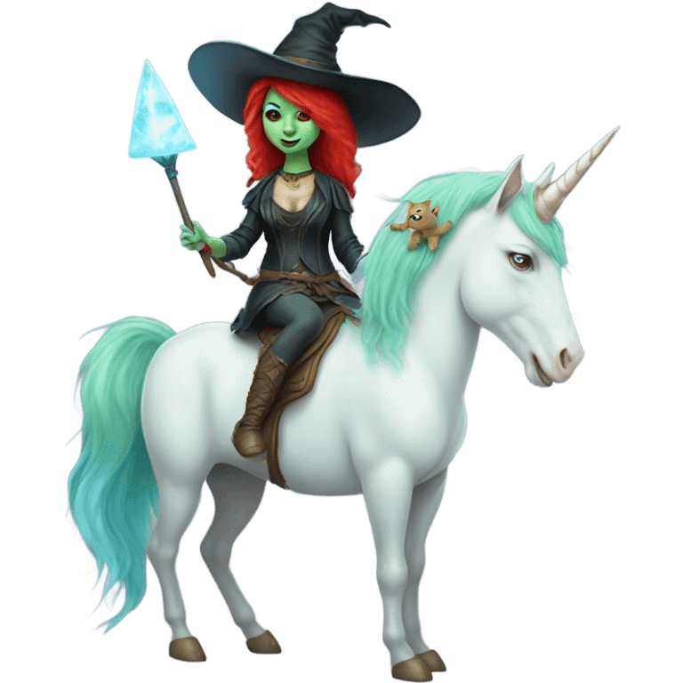 [politically incorrect, (
	{ female, alien, witch, color: light green, hair:red, eyes:cat} ]
	on a 
	[{ unicorn: white, legged:four, mane: light blue }]) emoji