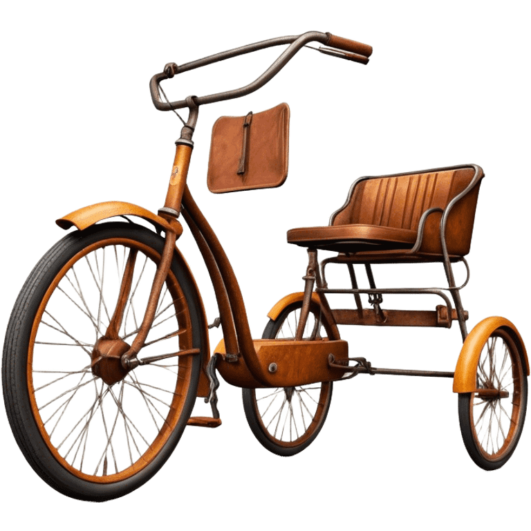 ​Cinematic Realistic Tricycle Rickshaw, depicted as a vintage manually operated vehicle featuring two front wheels and a single rear wheel, rendered with detailed rustic textures, vibrant colors, and dynamic urban lighting that captures its unique design and cultural charm, emoji