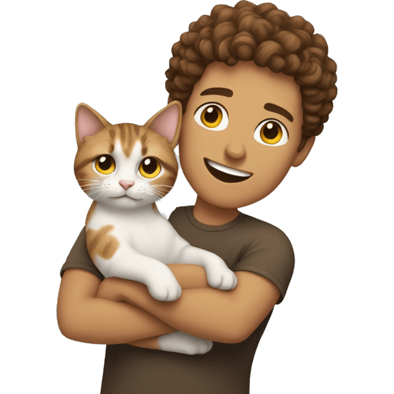 Guy with short brown curly hair holding a cat emoji