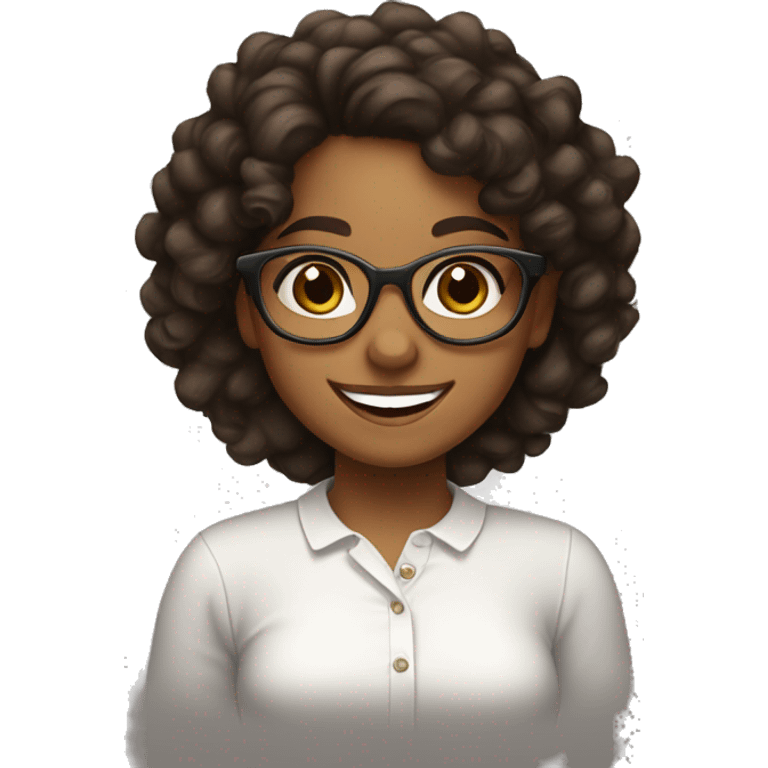 Brown girl, with dark curly hair, wearing glasses and has a big smile, she looks very happy, she has a white shirt on emoji