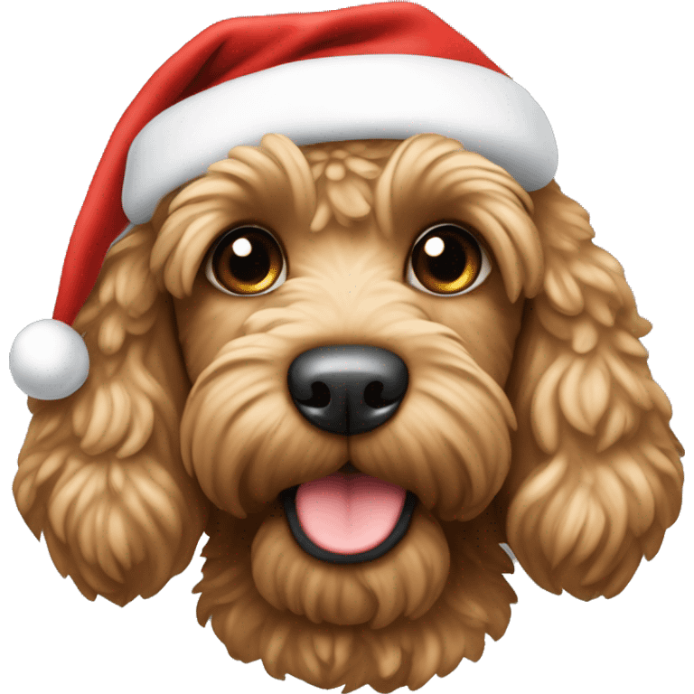 Light brown cockapoo wearing a santa hat emoji