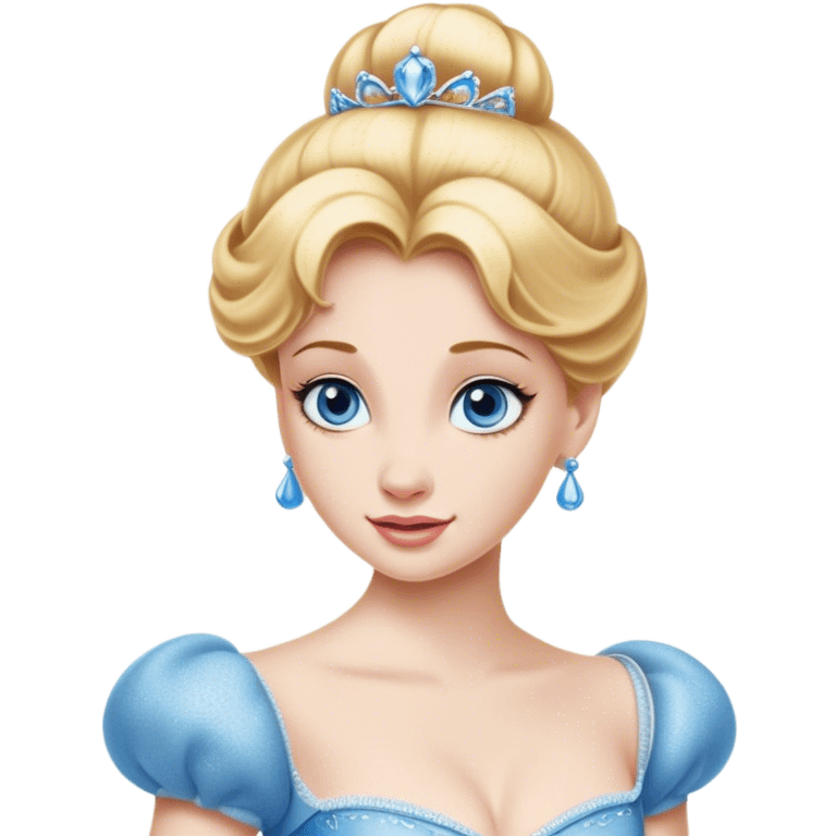 Cinematic Realistic Comical Cinderella Portrait, with every detail rendered realistically—from the soft, smooth texture of her fair skin to her artfully styled golden-blonde hair. Her bright blue eyes are wide with playful disbelief, and her expression carries a touch of whimsical humor while retaining elegant poise. Her classic ball gown, detailed with rich fabric textures and natural shadows, catches the light in a way that blends refined beauty with a hint of cheeky mischief, creating a striking, lifelike portrayal. emoji