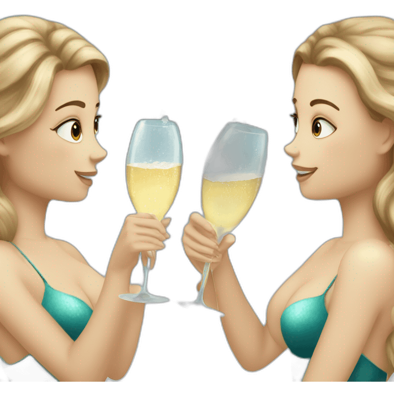 Three mermaids (two brown hair with brown eyes and blond one with blue eyes) drinking champagne emoji