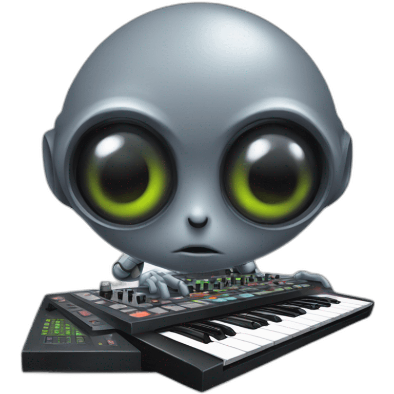 A grey Big eyed Alien playing an AKAI MPC XL emoji