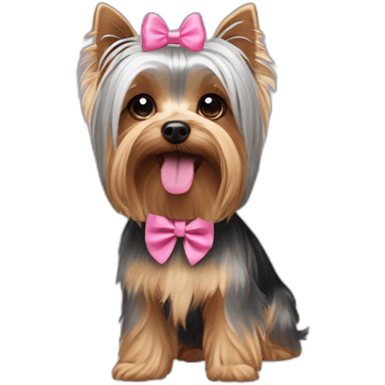 yorkshire terrier with grey hair with the tongue and two little pink hairbow on the head emoji