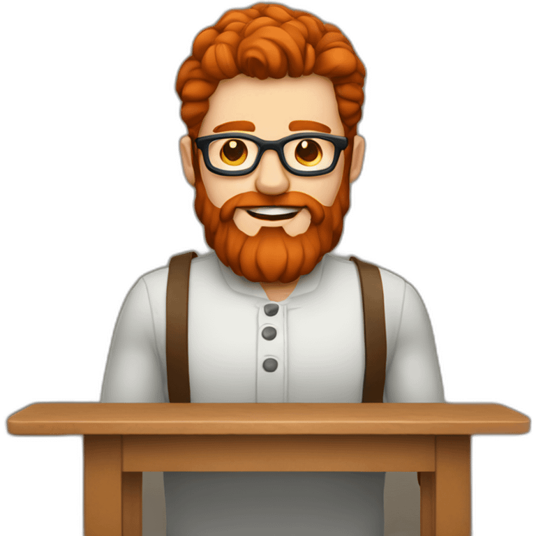 Red haired man with beard and glasses leather crafting at a table emoji