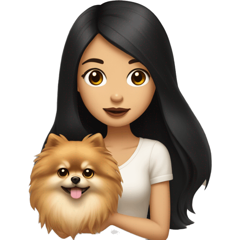 A girl with long black hair, light brown eyes, big lips, she has fair skin, holds a light pomeranian in her hands emoji