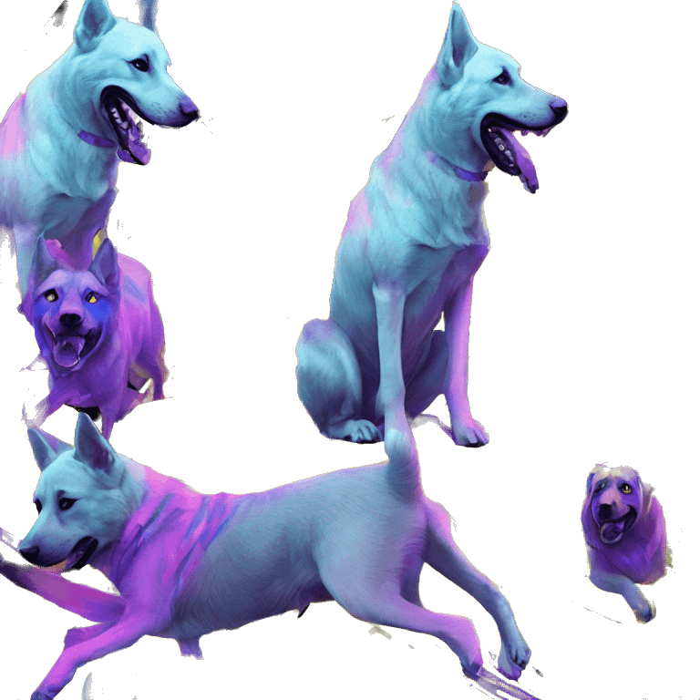 .Zombie_ Vaporwave black holographic oilslick zombie yellow Labrador German shepherd zombie dog yellow caution tape graffiti stripes iridescent blue purple mane yellow stripes emoji