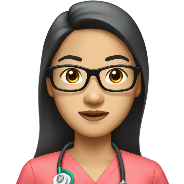 Asian nurse with long straight black hair and tan skin and clear glasses in scrubs emoji