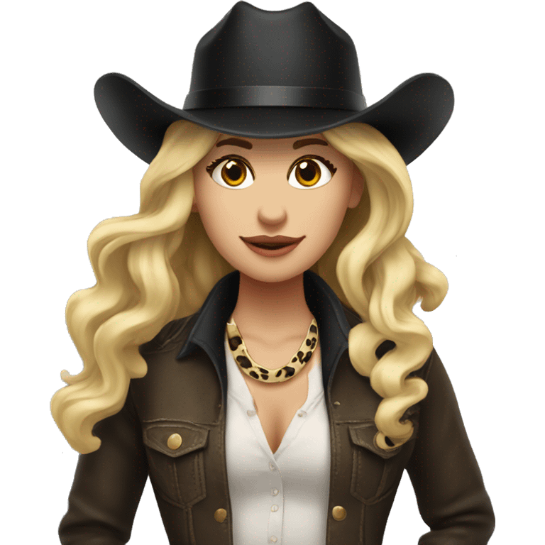 Cowgirl in leopard boots with black hat and blonde long hair emoji