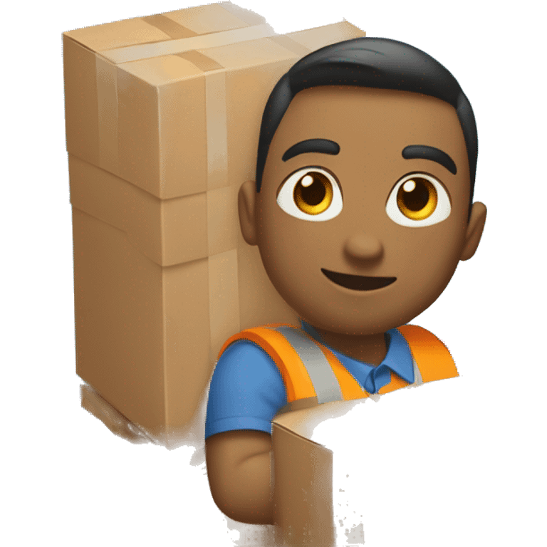 a mover in orange vest blue shirt with a trolley loaded with 3 small packed boxes, right angle emoji