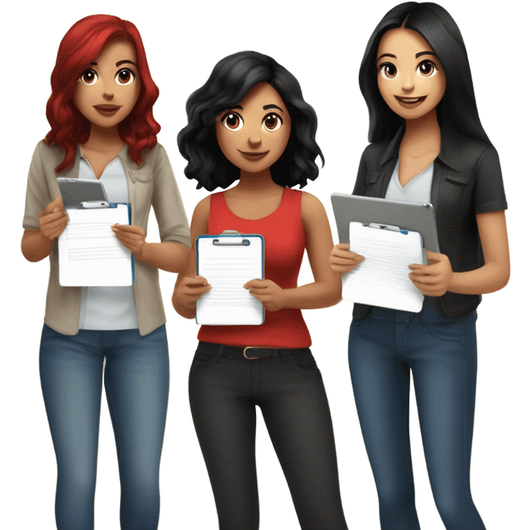 Latina with jet black hair, brunette girl, and a girl with bright red hair all conducting surveys on clipboards and ipads emoji