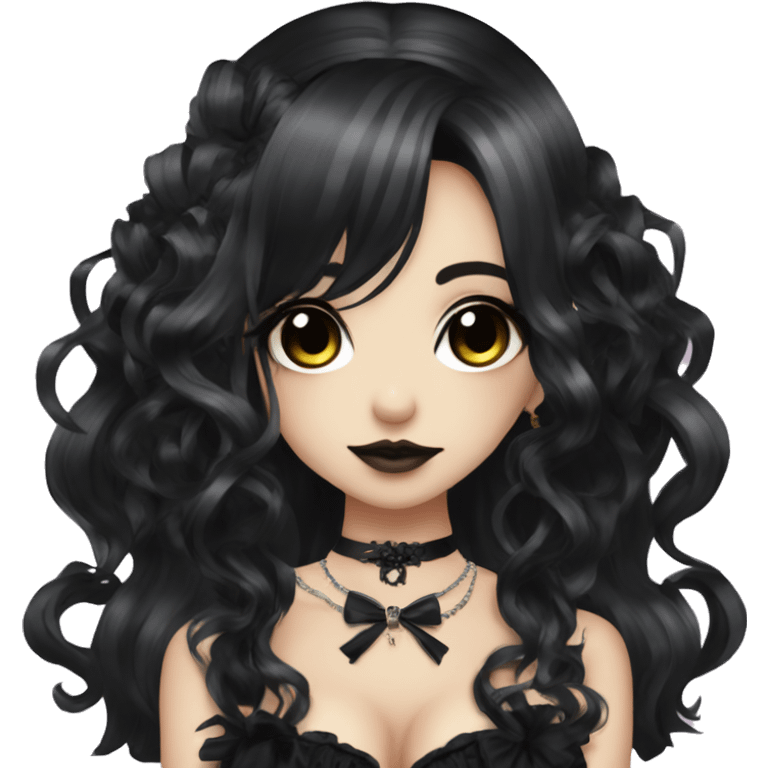 hime gyaru girl, goth, bows, dark makeup, dark black hair emoji