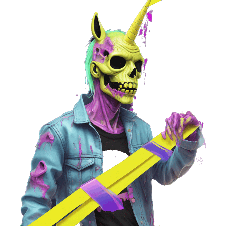 .Zombie_ Vaporwave black holographic oilslick zombie unicorn yellow caution tape and a vinyl emoji